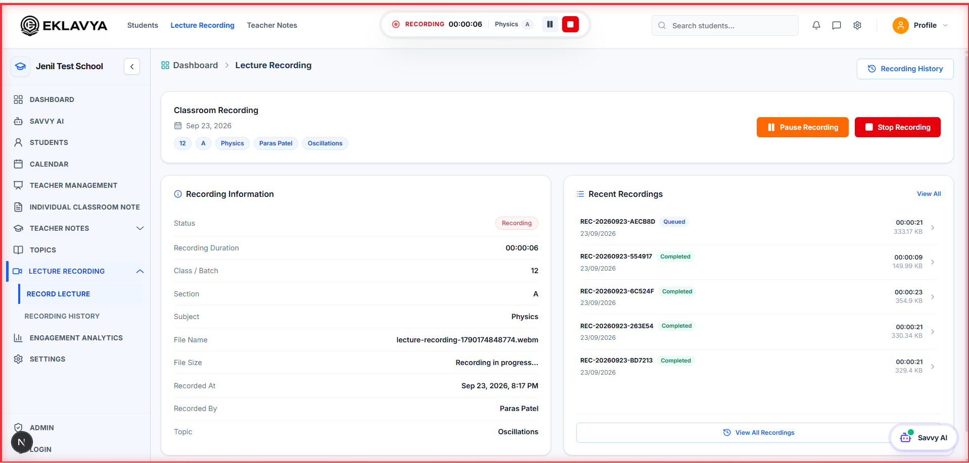 Eklavya lecture recording workspace with Savvy AI